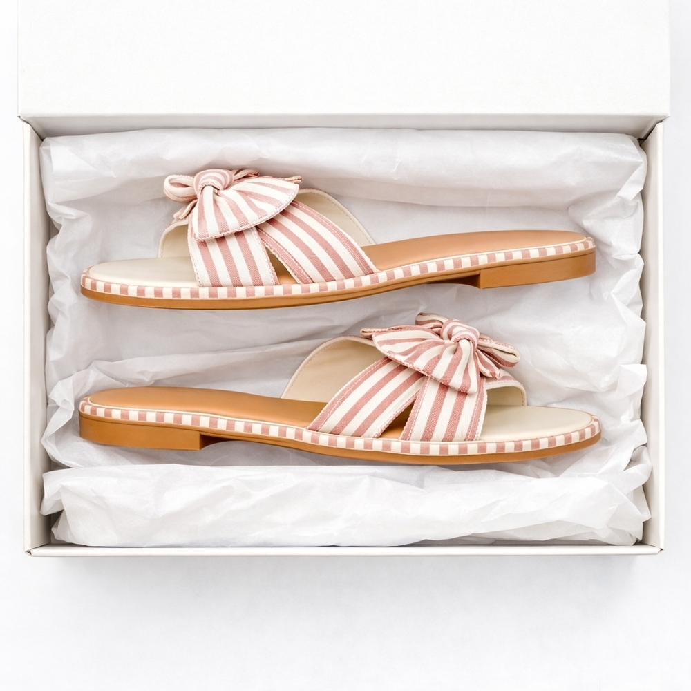 J.Crew 7M  Sun baked rose stripe soft cotton bow slide sandals New In Box - Picture 9 of 12